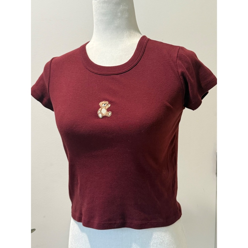 John Galt Baby Tee Burgundy Cotton Rib Bear Embroidery Small Ashlyn Top